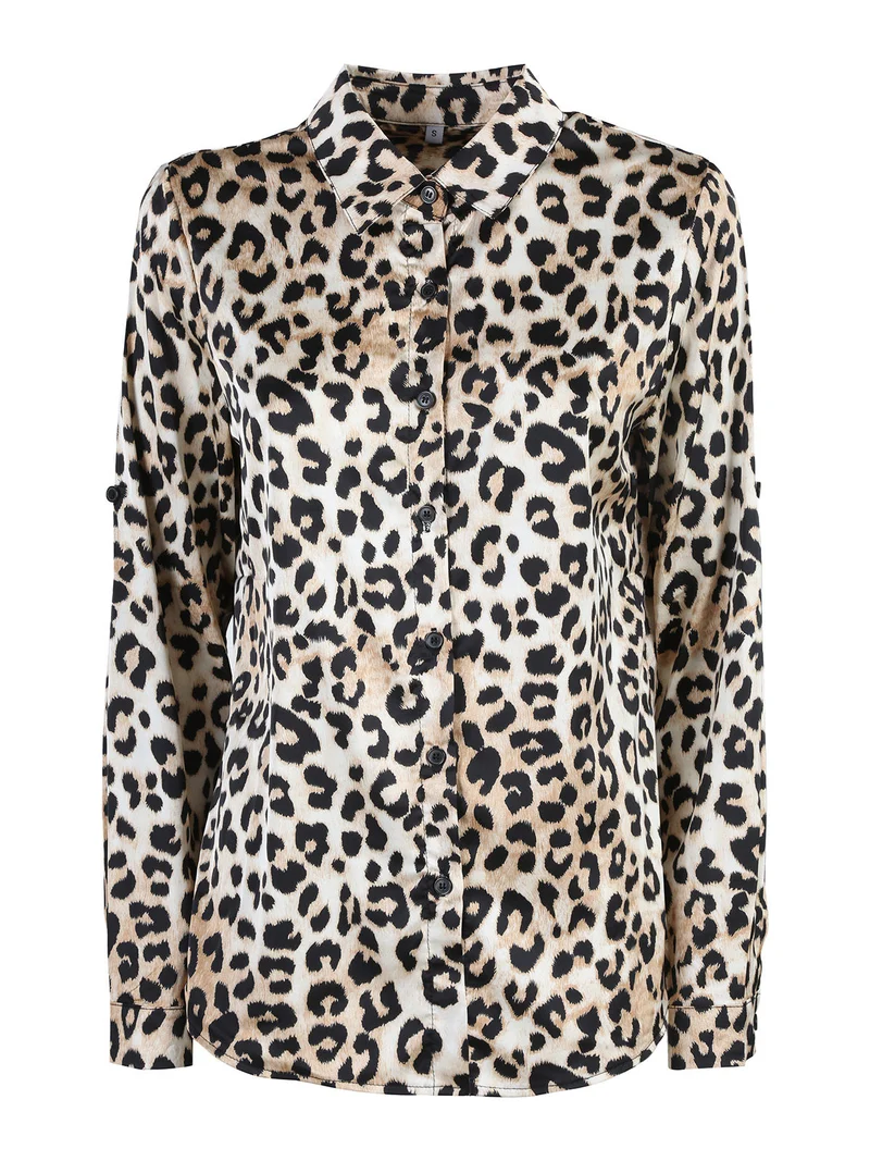 Camicia donna animalier a maniche lunghe - beige