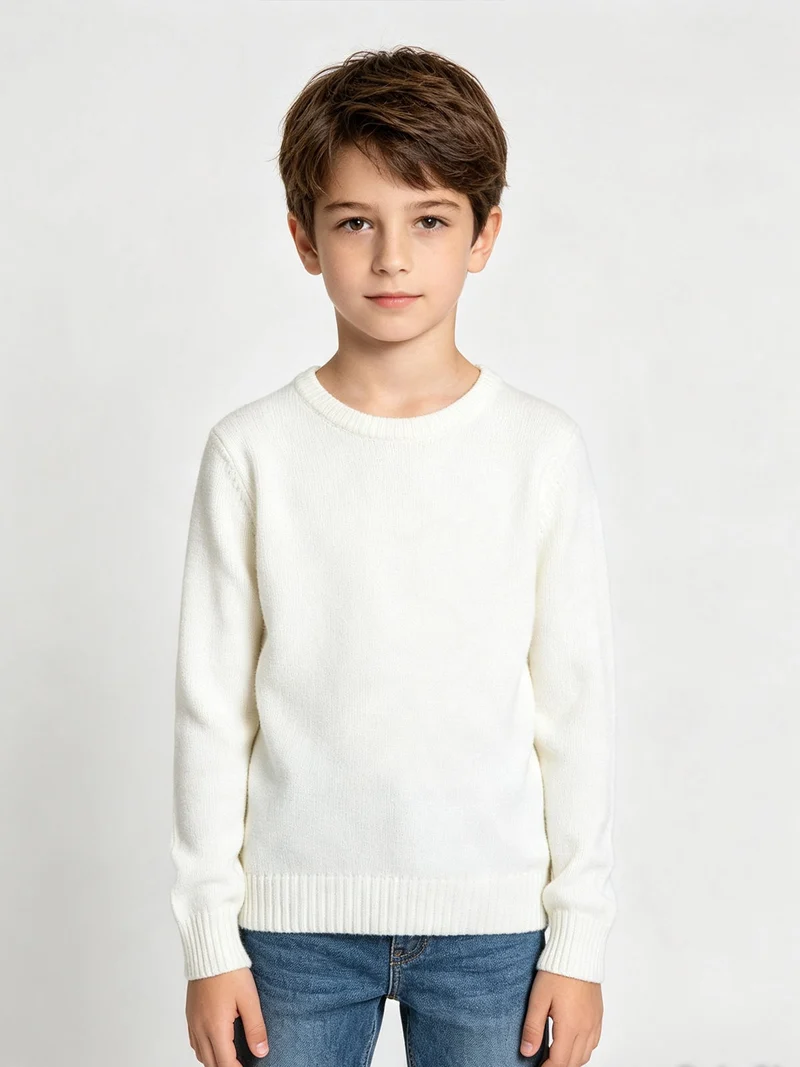 Maglione girocollo da bambino effetto ciniglia - panna