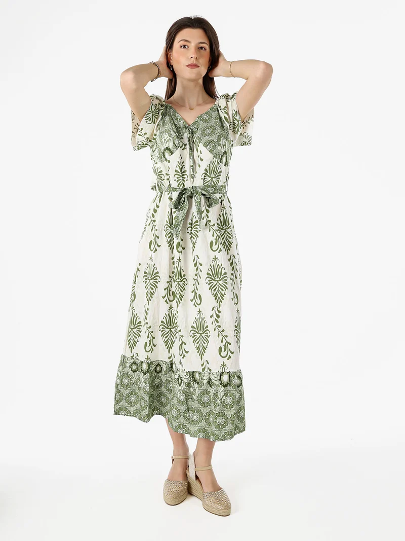 Abito lungo da donna a maniche corte con scollo a V - verde
