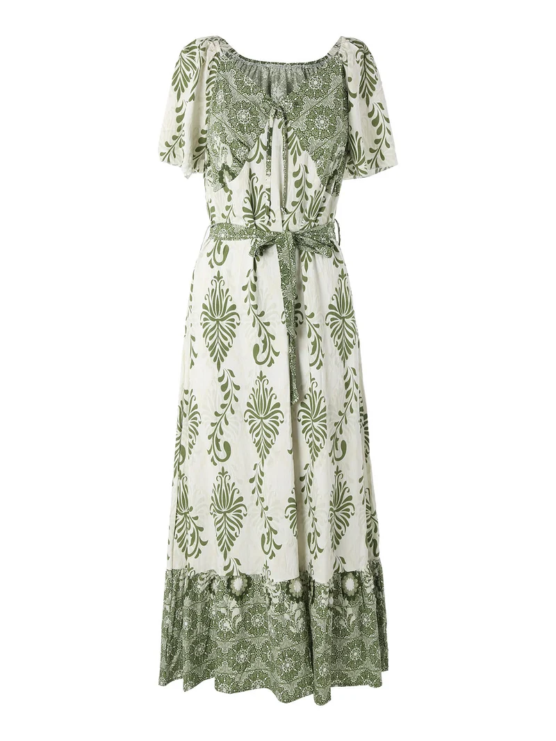 Abito lungo da donna a maniche corte con scollo a V - verde