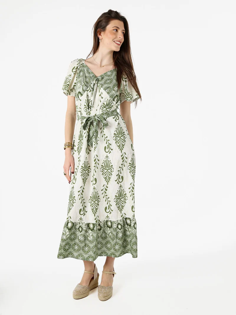 Abito lungo da donna a maniche corte con scollo a V - verde