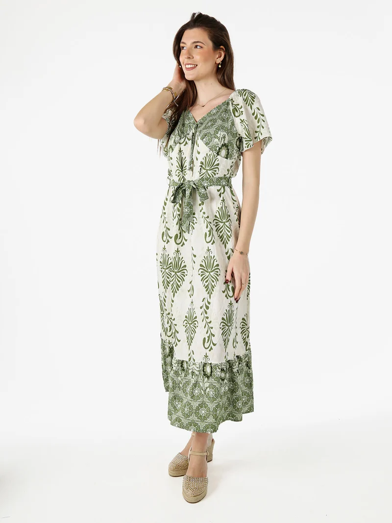 Abito lungo da donna a maniche corte con scollo a V - verde