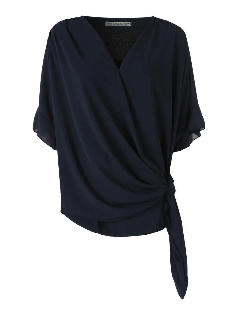 Blusa donna elegante a maniche corte annodata sul fondo - blu scuro