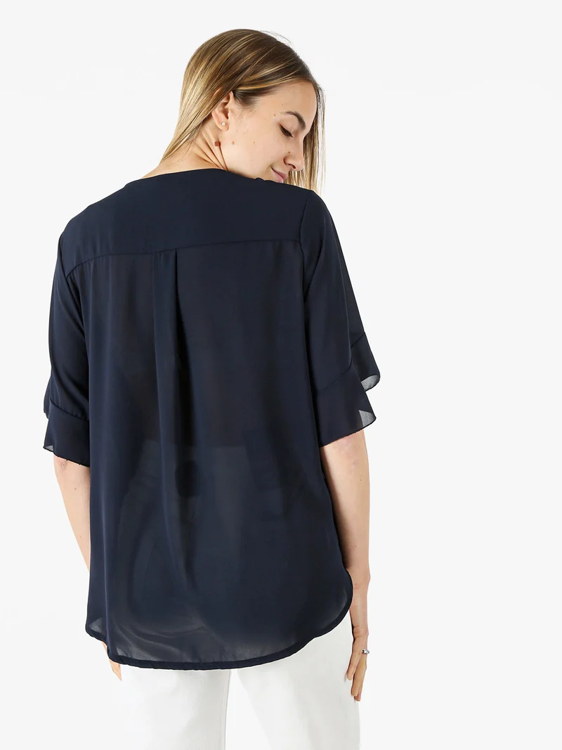 Blusa donna elegante a maniche corte annodata sul fondo - blu scuro