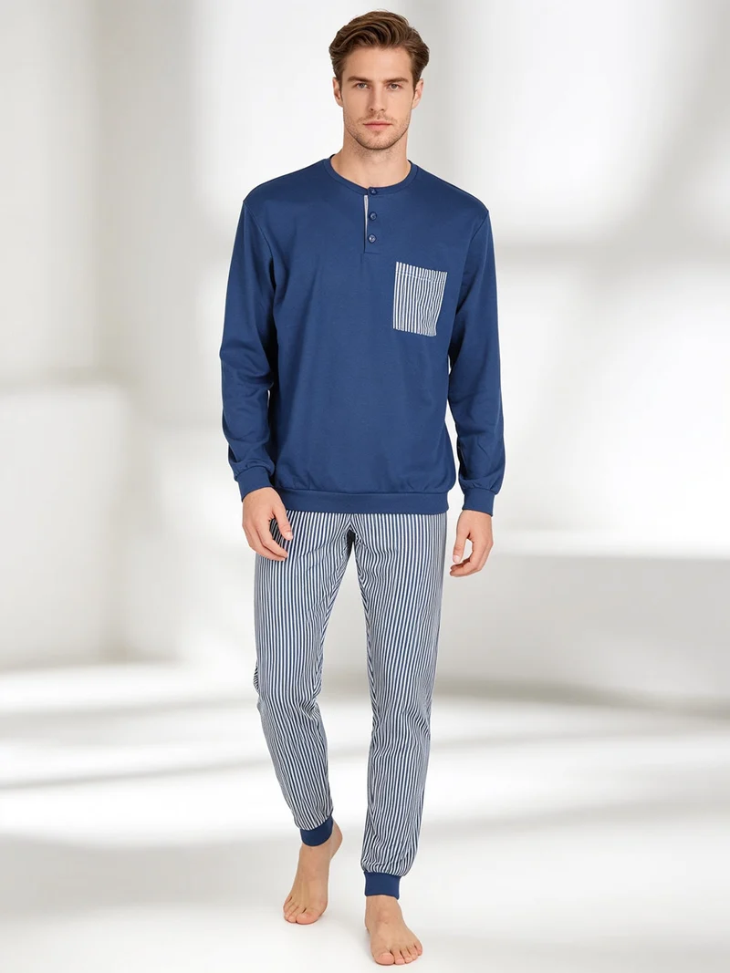Pigiama da uomo in cotone interlock con taschino e pantaloni a righe - blu scuro