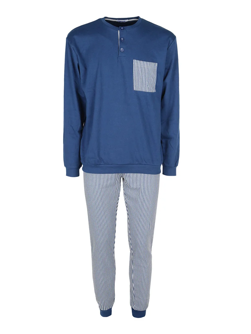 Pigiama da uomo in cotone interlock con taschino e pantaloni a righe - blu scuro
