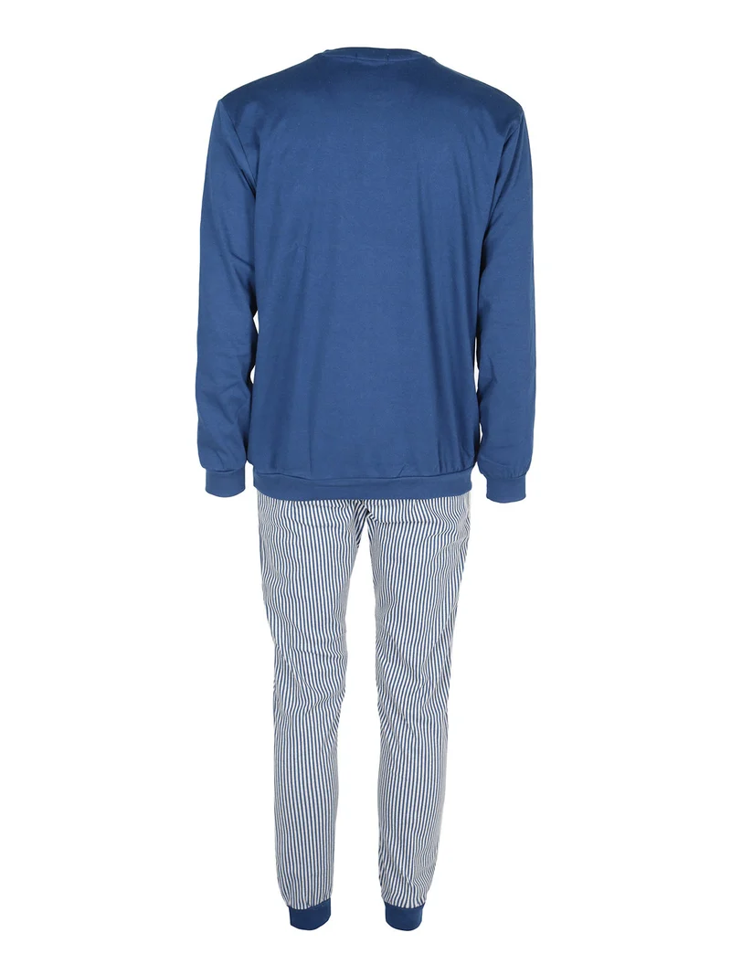 Pigiama da uomo in cotone interlock con taschino e pantaloni a righe - blu scuro