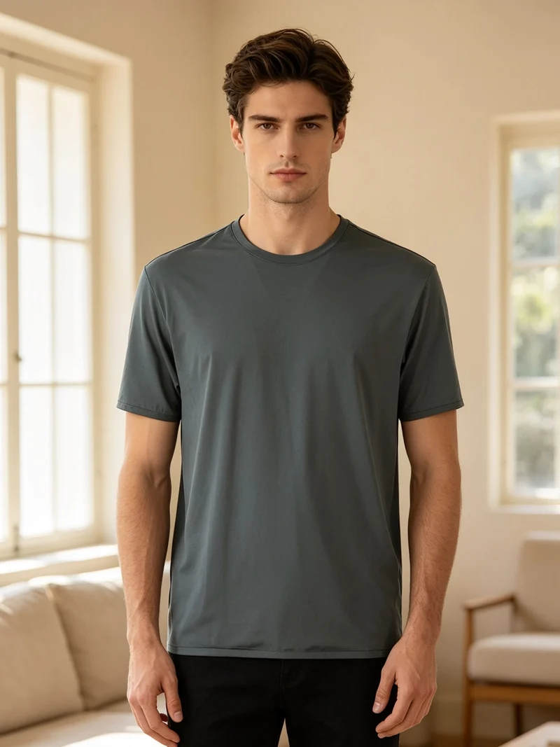 T-shirt girocollo da uomo in tessuto tecnico traspirante - militare