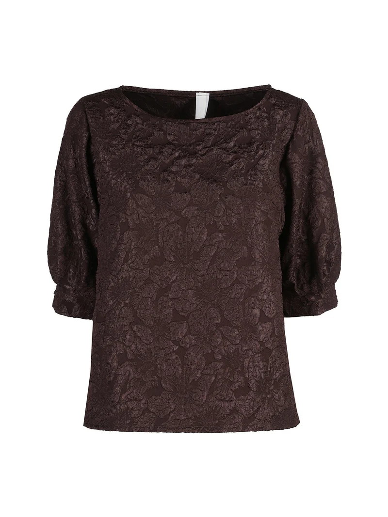 Blusa donna con ricami e maniche corte a palloncino - moro