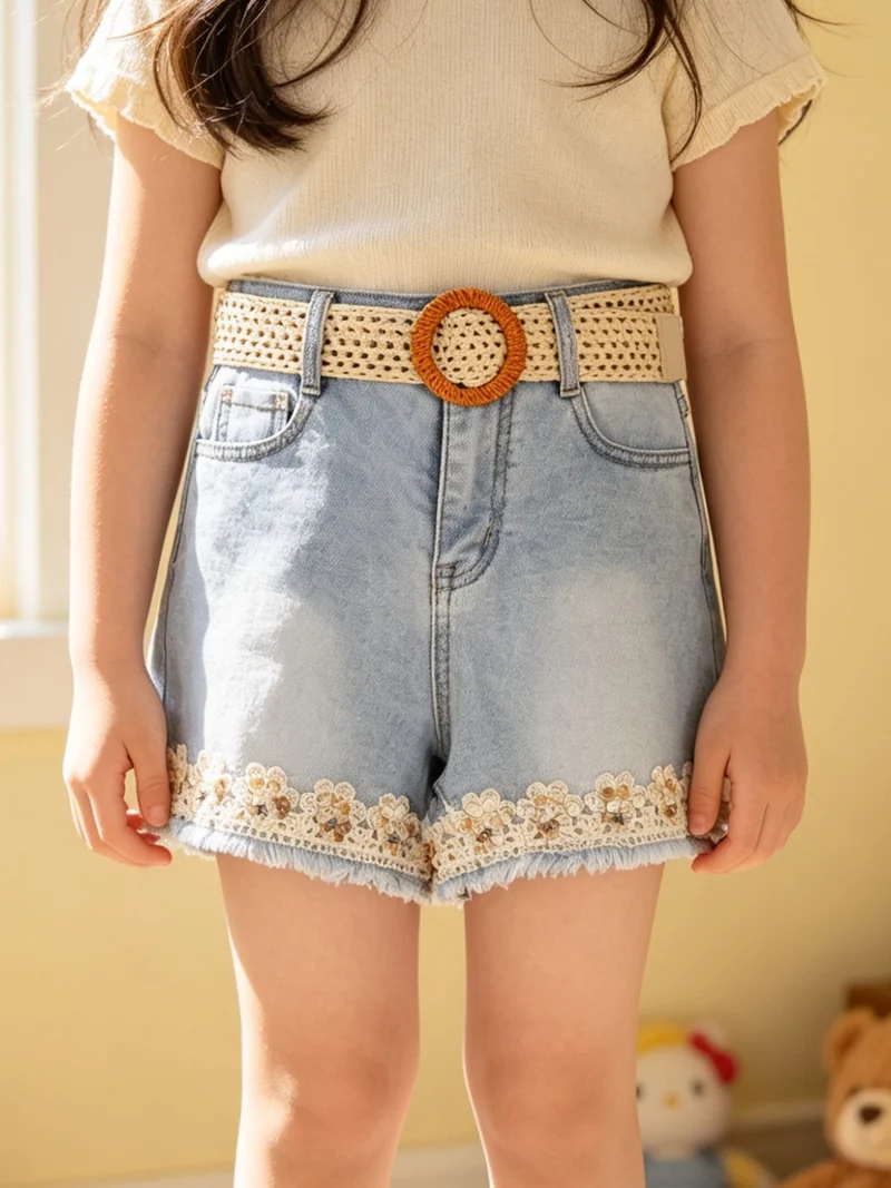 Shorts da ragazza in jeans sfrangiati con ricami e strass - jeans