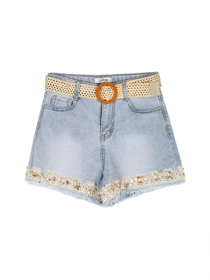 Shorts da ragazza in jeans sfrangiati con ricami e strass - jeans