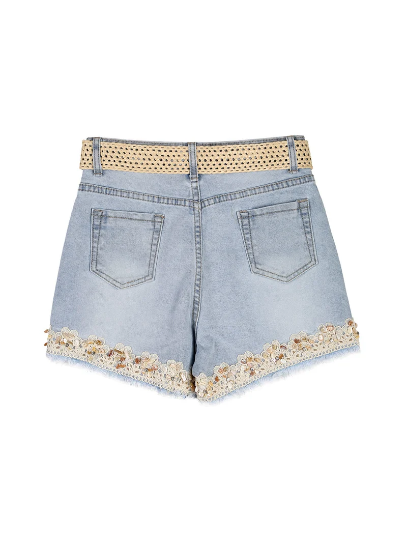 Shorts da ragazza in jeans sfrangiati con ricami e strass - jeans