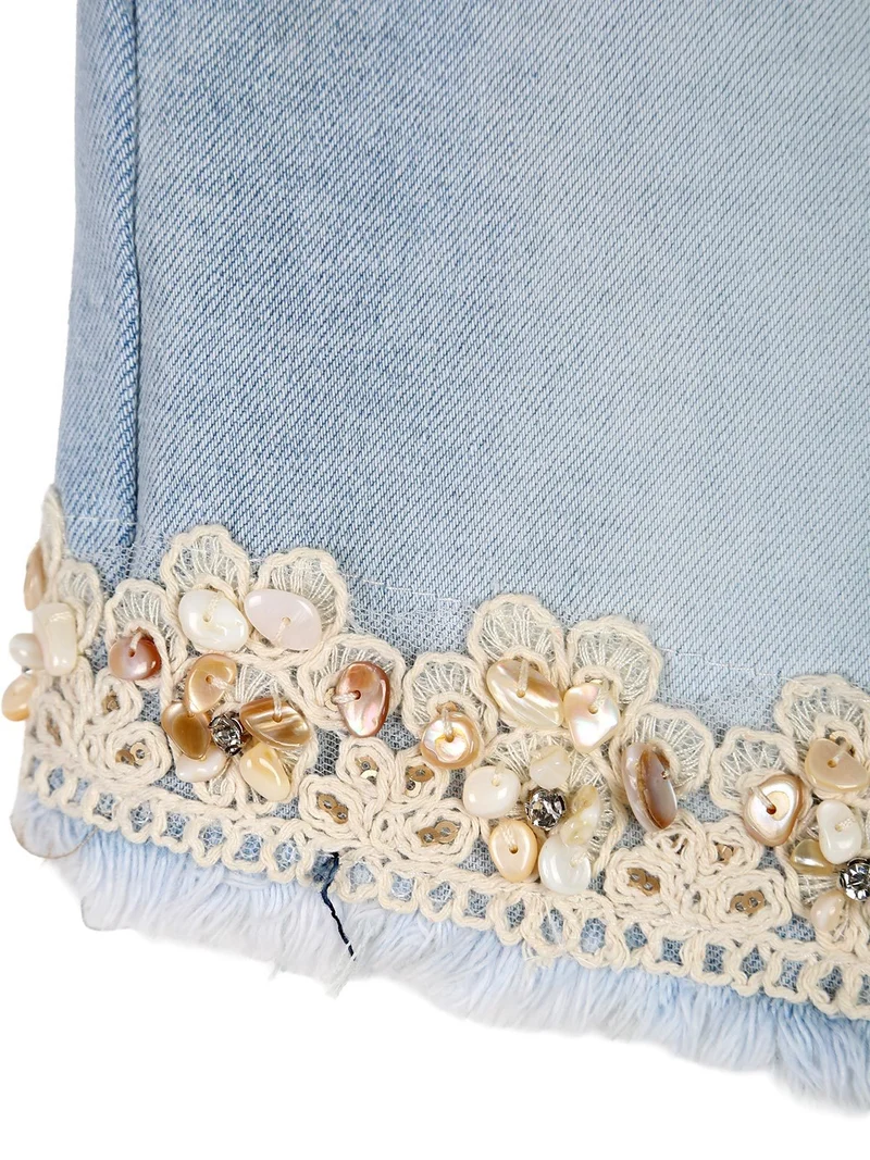 Shorts da ragazza in jeans sfrangiati con ricami e strass - jeans