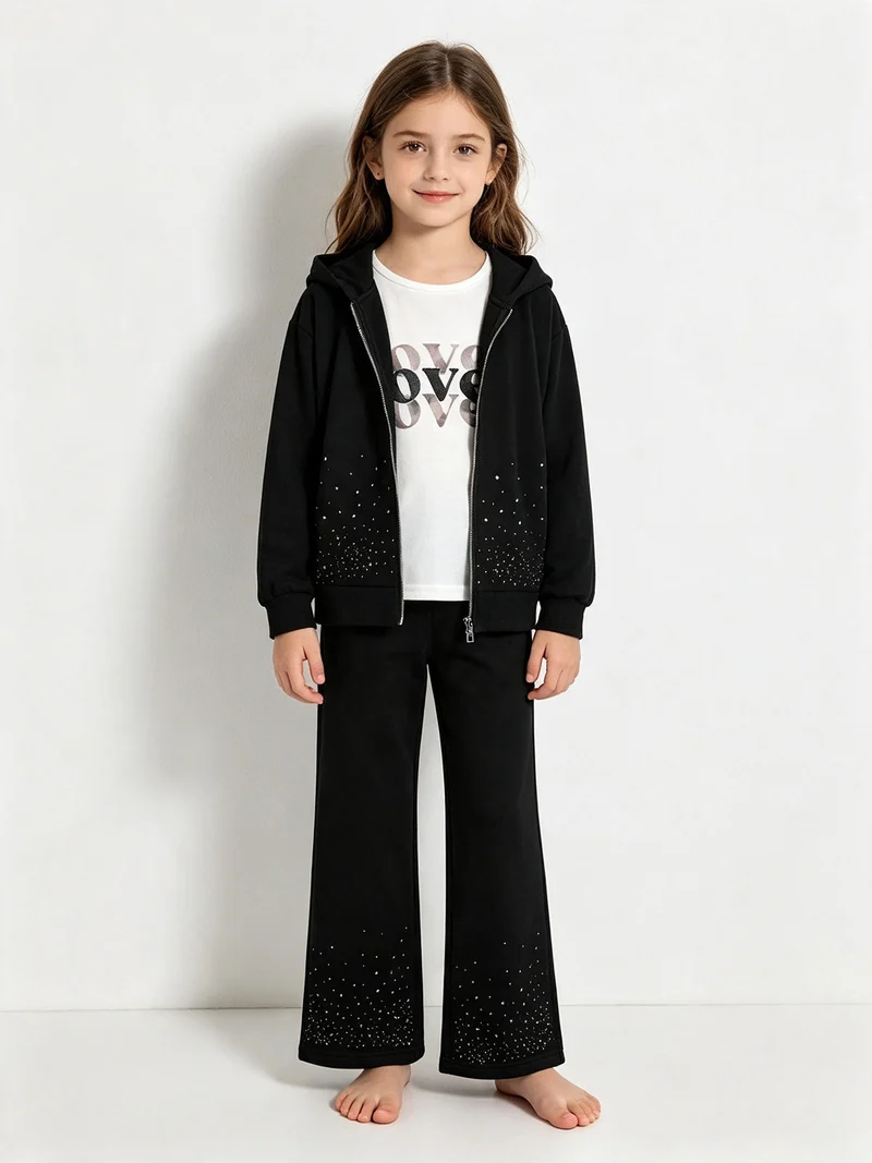 Completo 3 pezzi da bambina con strass - nero
