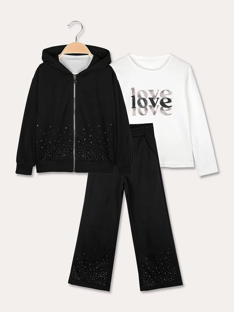 Completo 3 pezzi da bambina con strass - nero