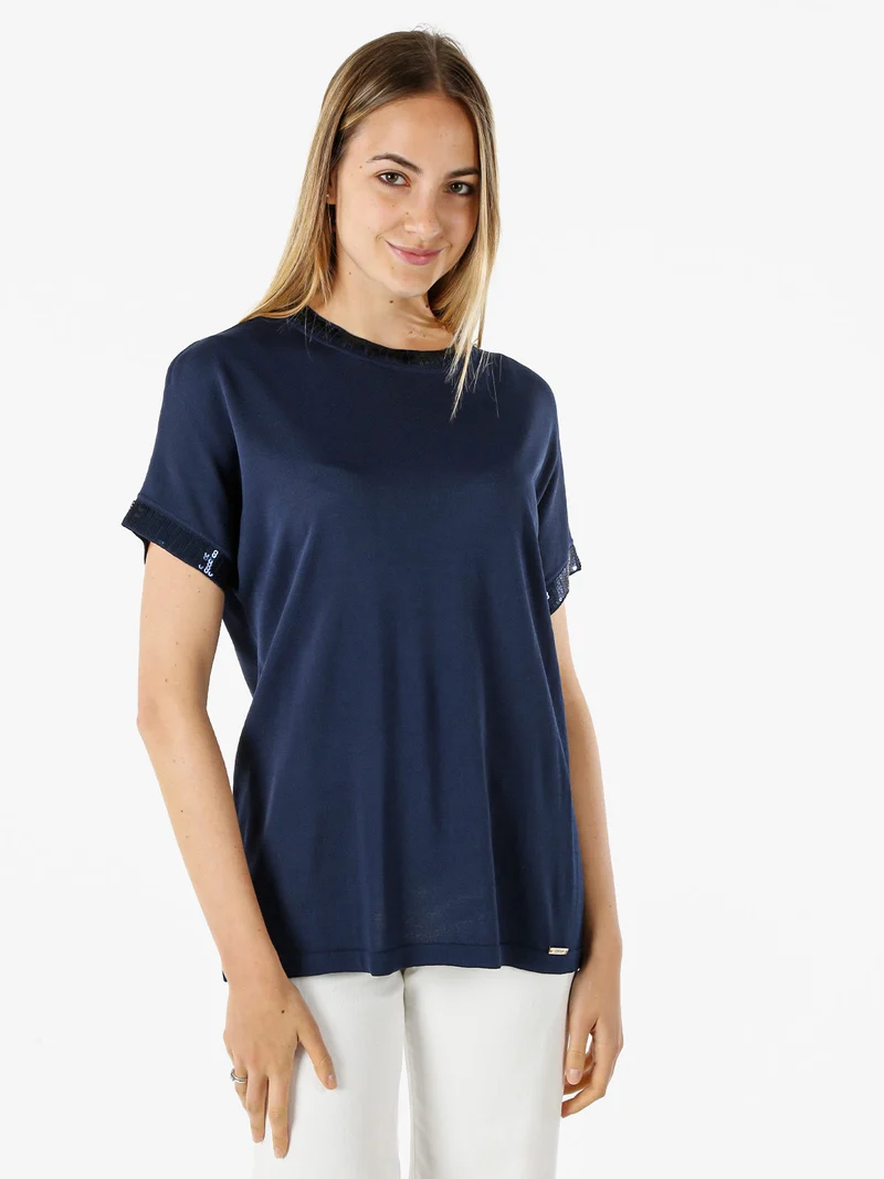 Maglia girocollo da donna a maniche corte con paillettes decorative - blu scuro