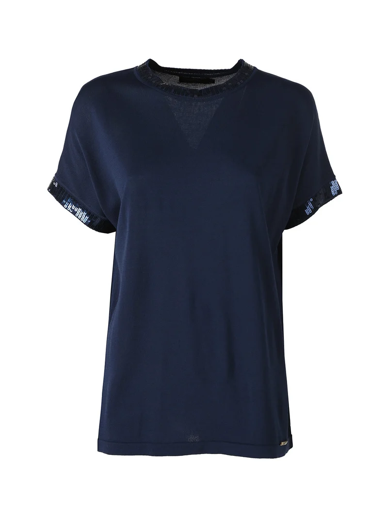 Maglia girocollo da donna a maniche corte con paillettes decorative - blu scuro
