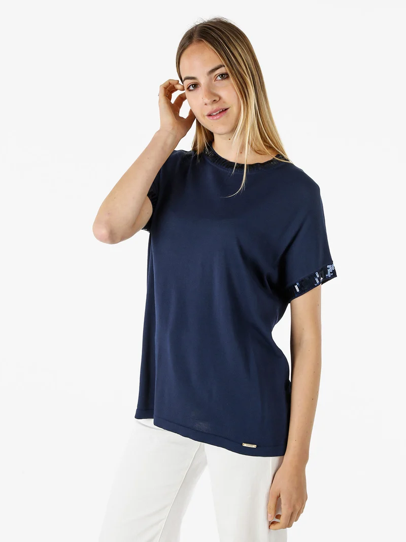 Maglia girocollo da donna a maniche corte con paillettes decorative - blu scuro