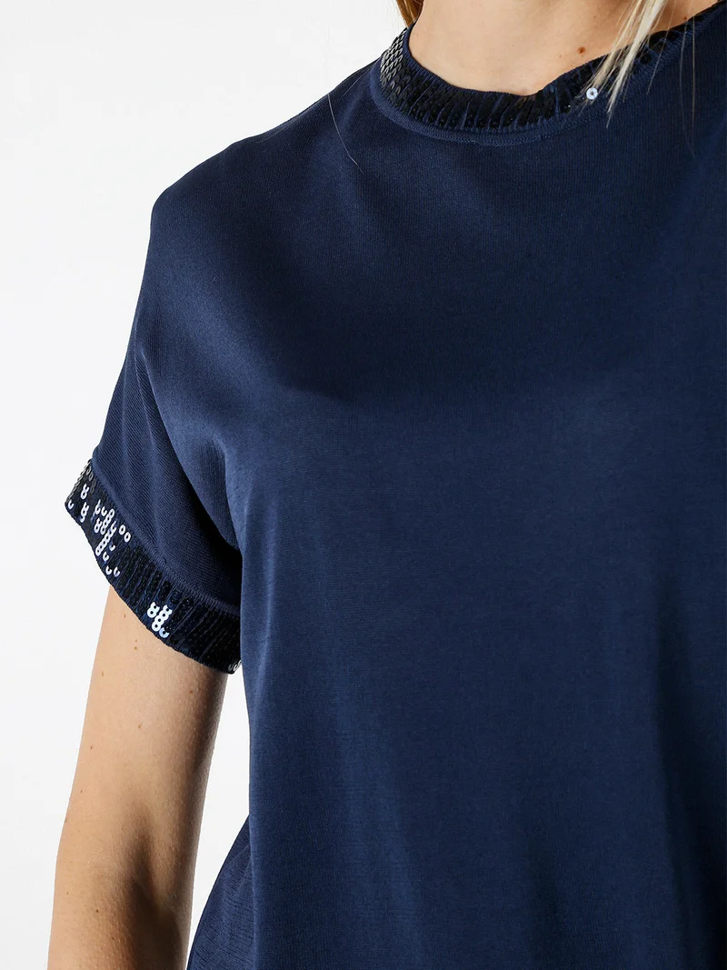 Maglia girocollo da donna a maniche corte con paillettes decorative - blu scuro