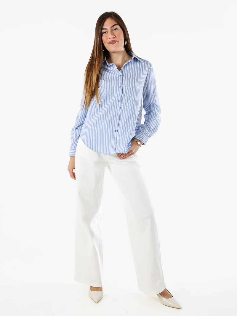 Camicia donna rigata a maniche lunghe - azzurro