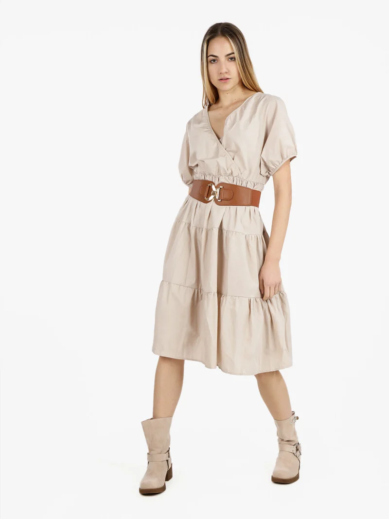 Abito donna a maniche corte in misto cotone - beige