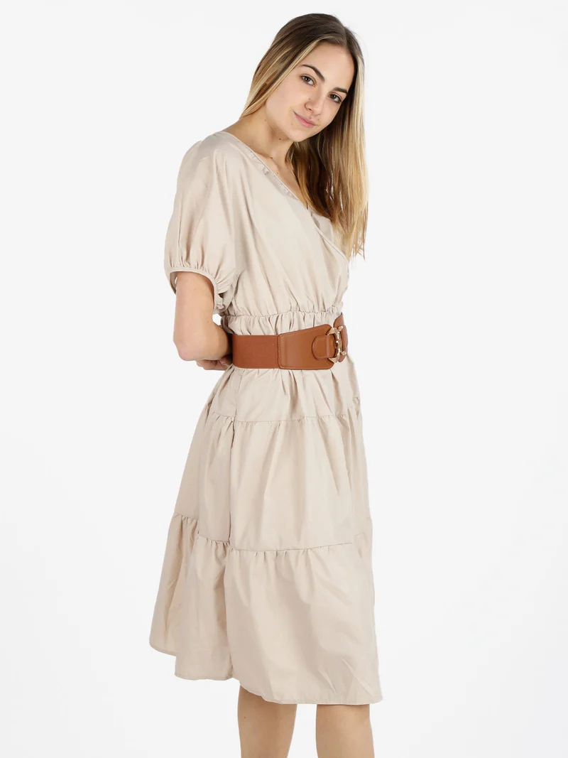 Abito donna a maniche corte in misto cotone - beige