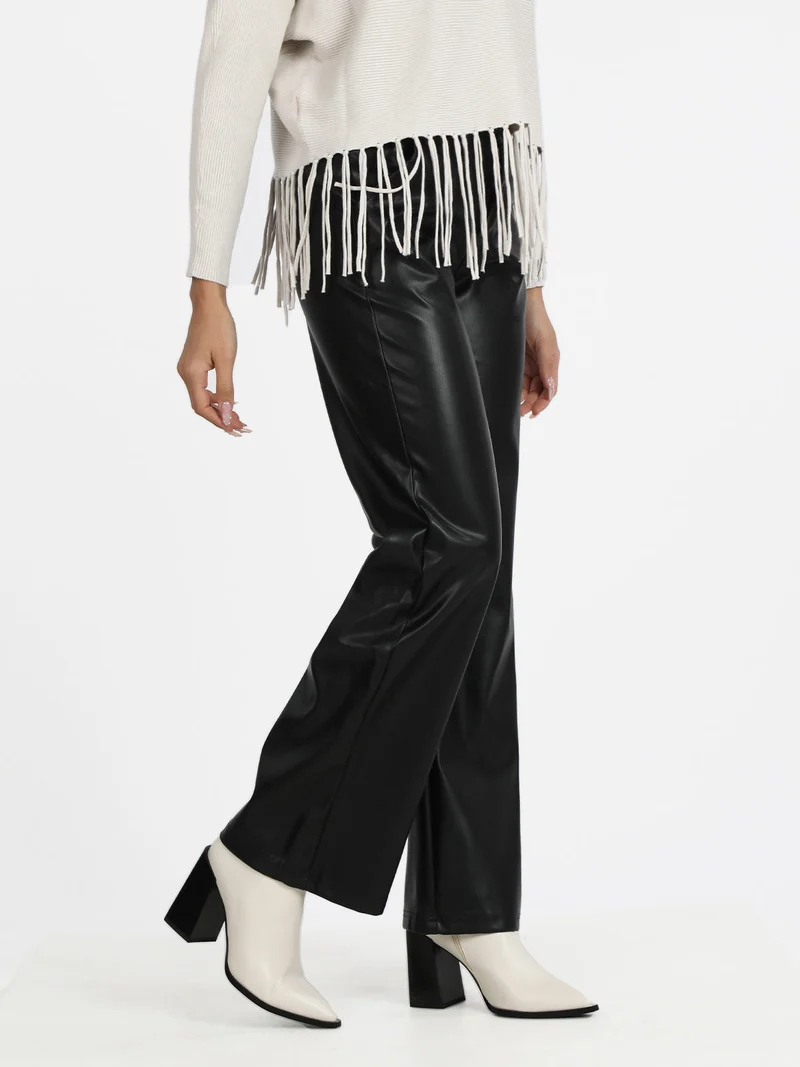 Pantaloni donna in ecopelle a gamba larga - nero