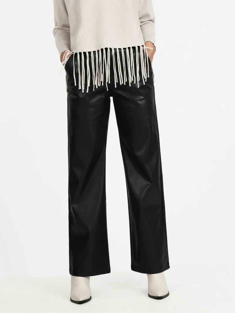 Pantaloni donna in ecopelle a gamba larga - nero
