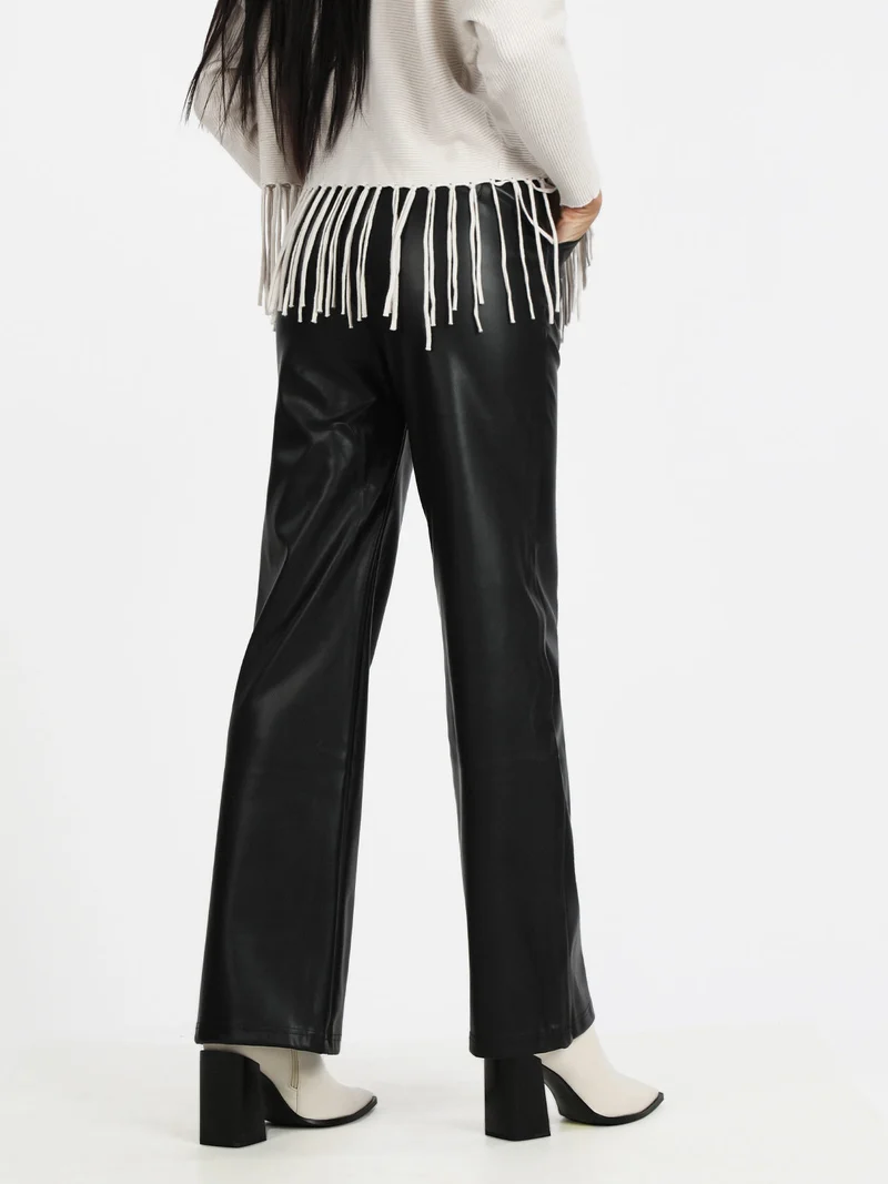 Pantaloni donna in ecopelle a gamba larga - nero