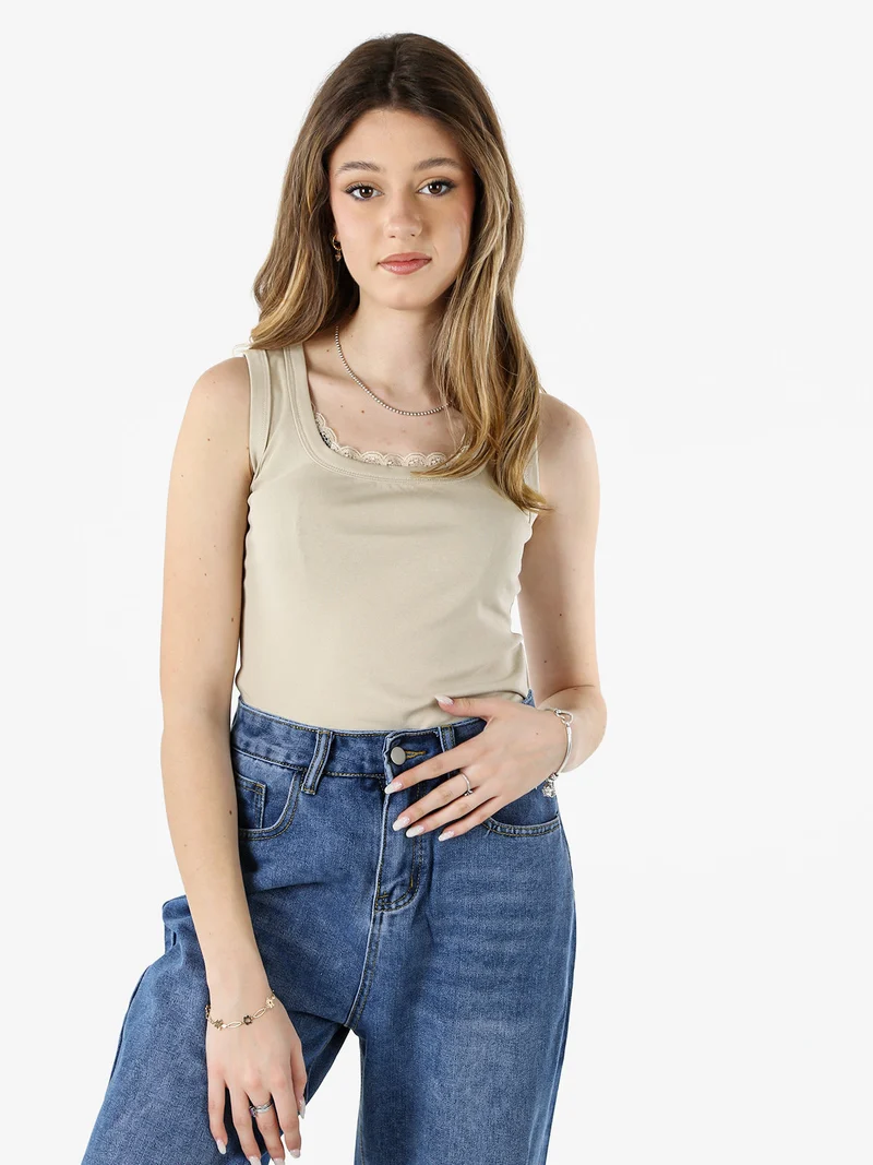 Top donna in cotone con pizzo - beige