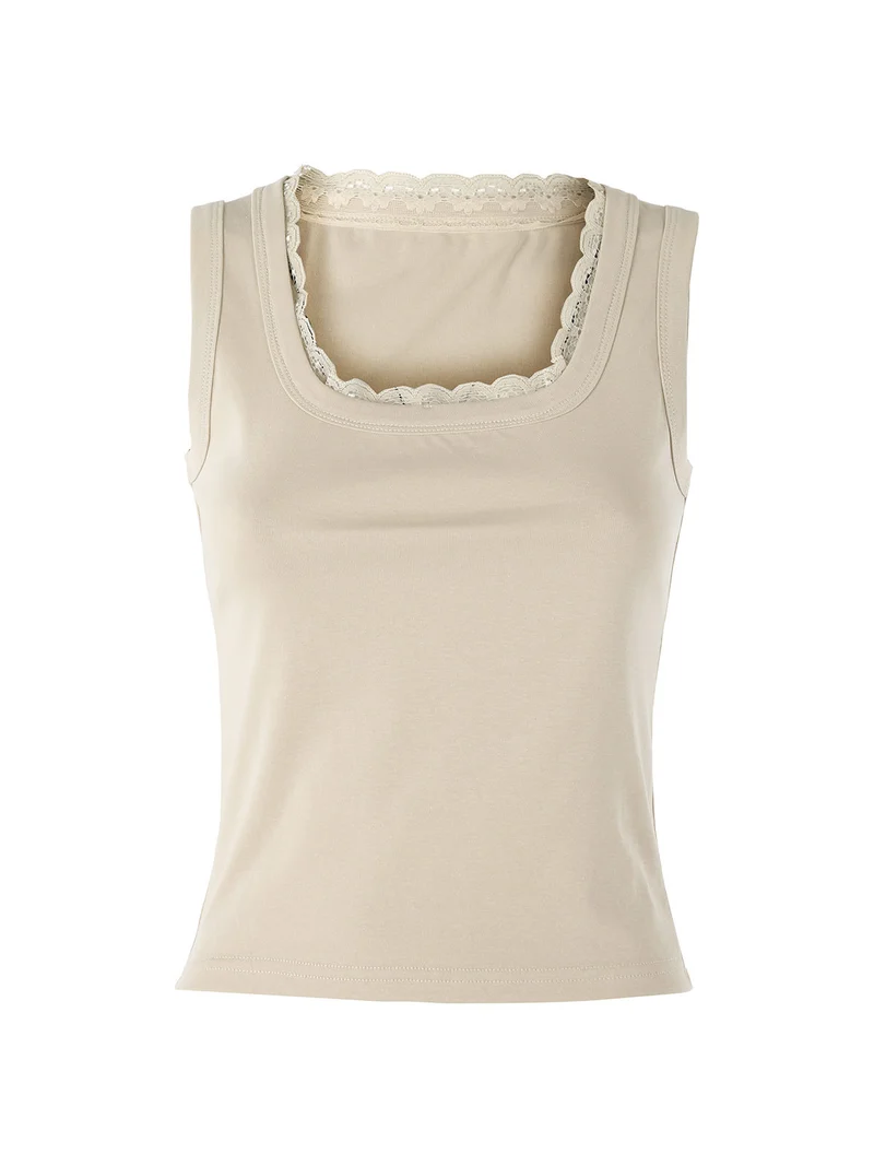 Top donna in cotone con pizzo - beige