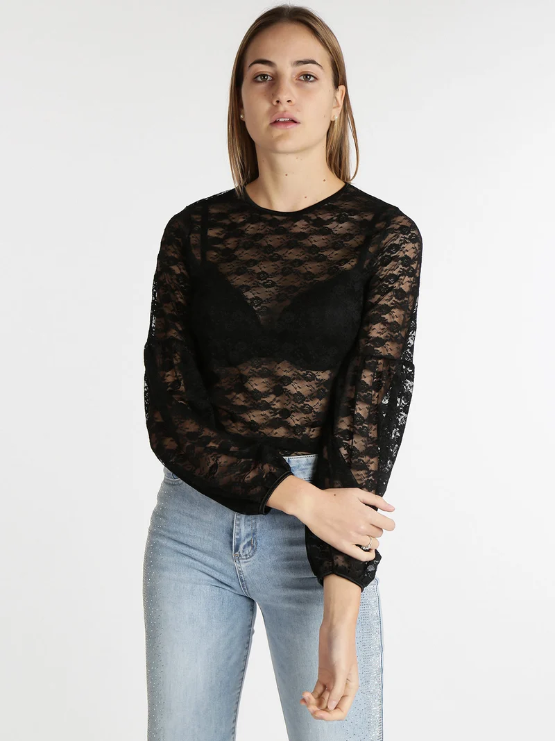 Maglia girocollo in pizzo - nero