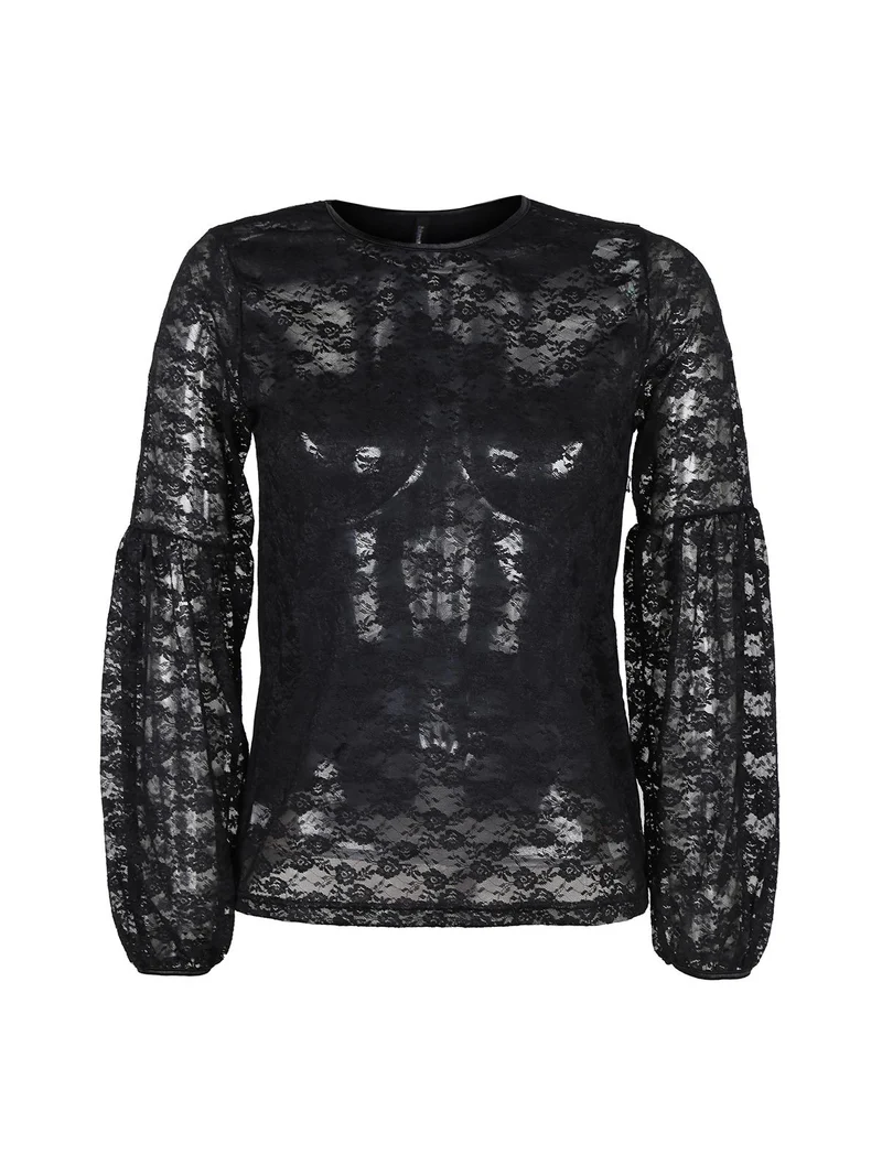 Maglia girocollo in pizzo - nero