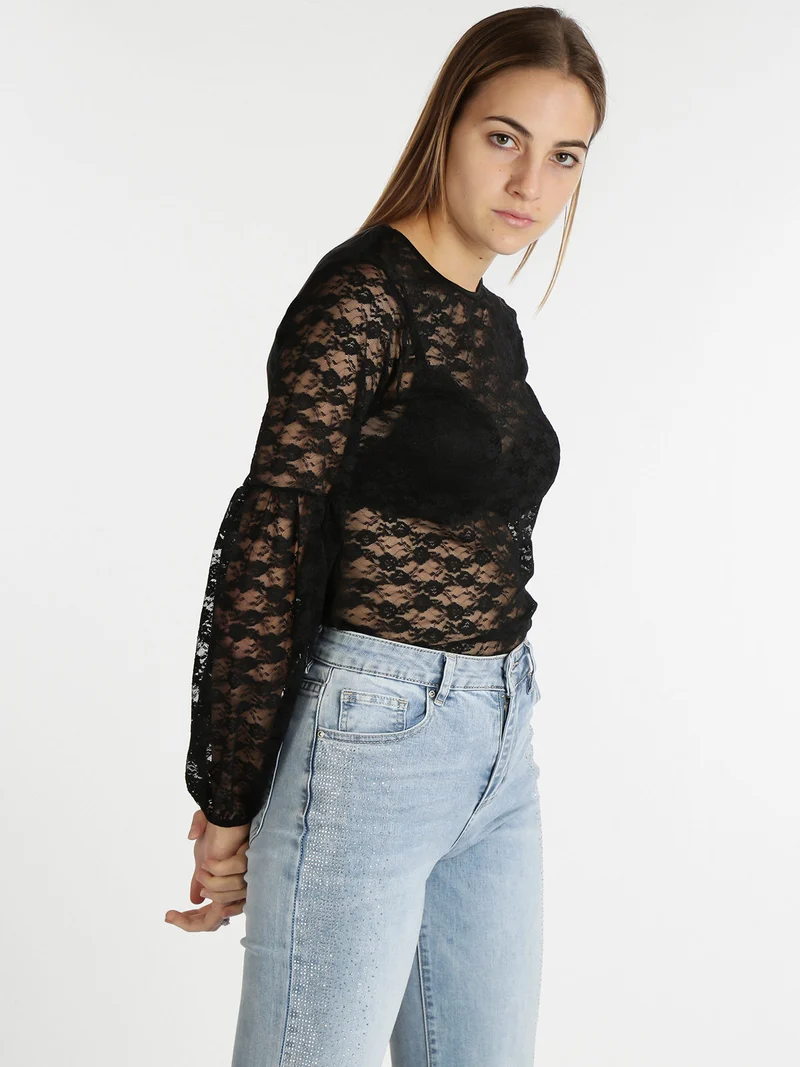 Maglia girocollo in pizzo - nero
