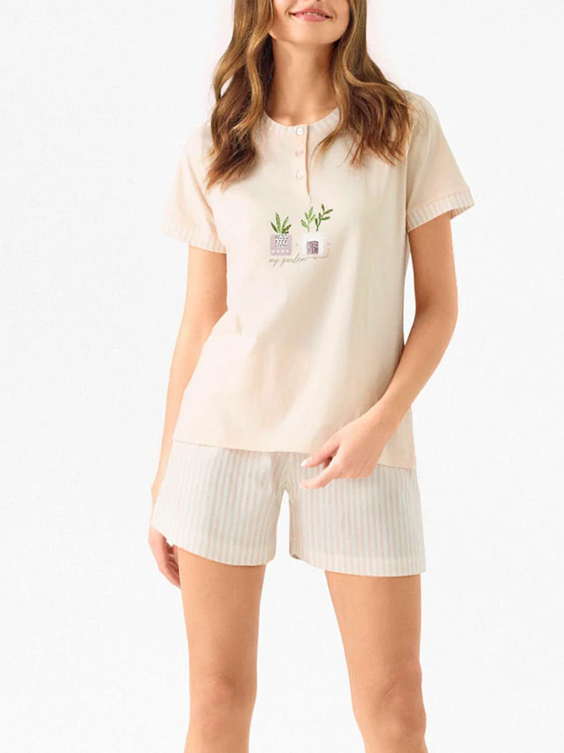 MOSAIC Pigiama corto da donna in cotone con shorts a righe - albicocca