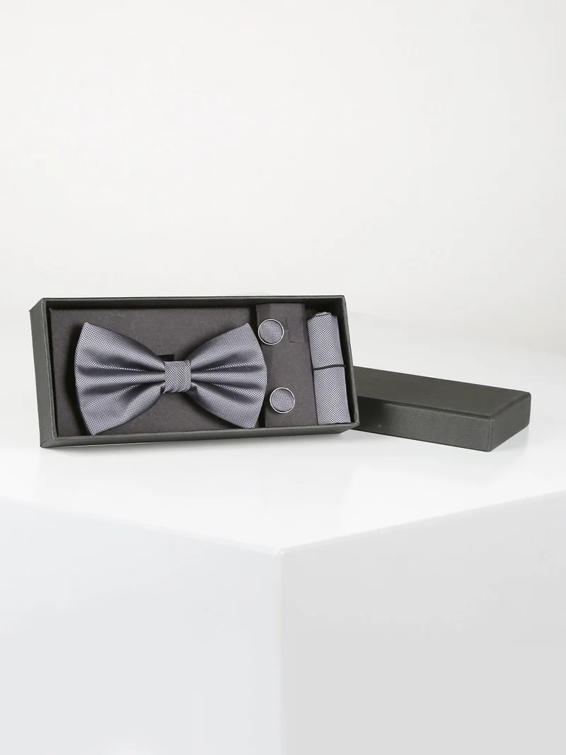 Set 3 pezzi uomo con papillon gemelli e fazzoletto - grigio