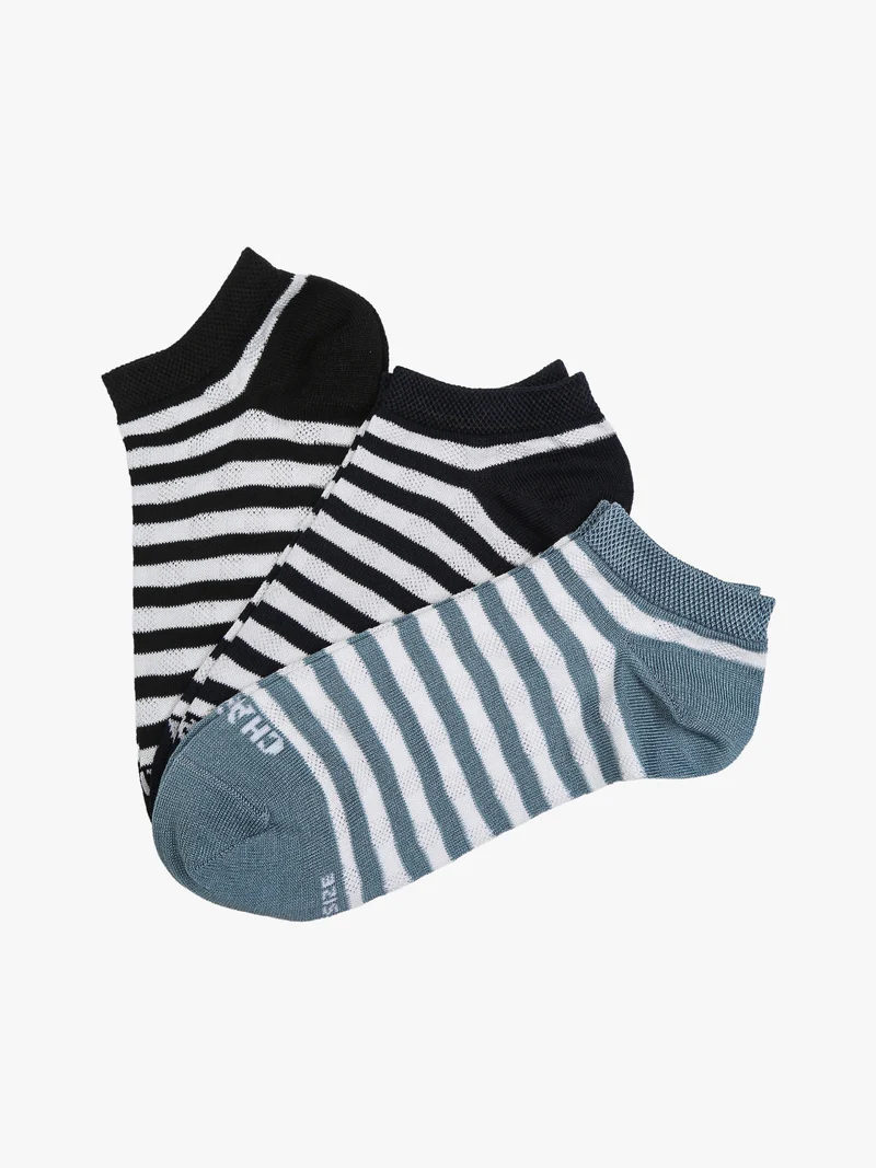 Confezione da 3 paia di calze sneakers a righe da donna in cotone - blu