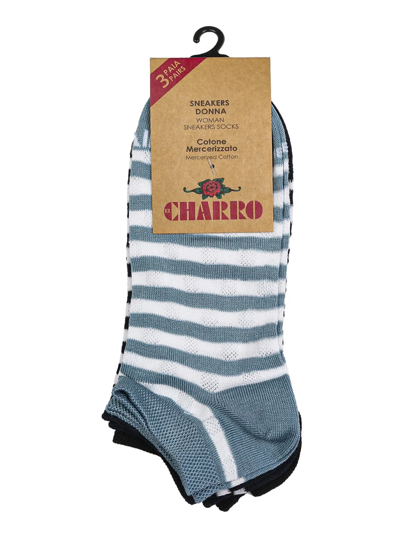 Confezione da 3 paia di calze sneakers a righe da donna in cotone - blu