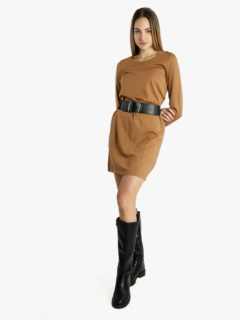 Vestito da donna a maniche lunghe in tinta unita - cammello