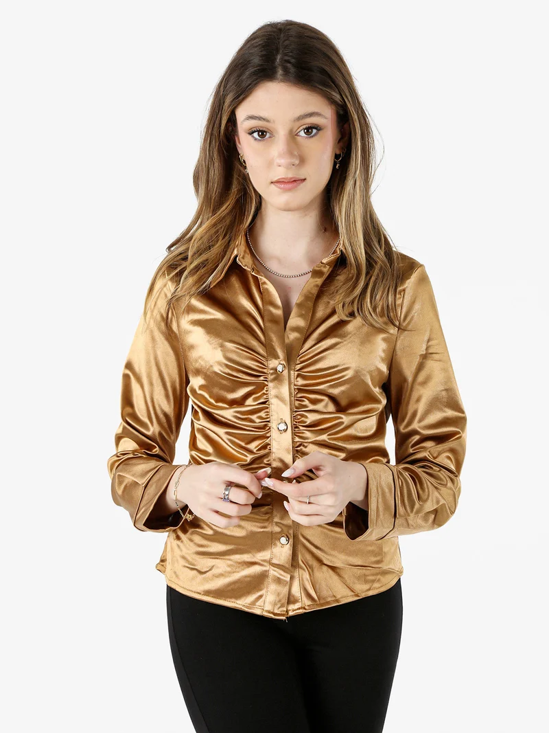 Camicia donna a maniche lunghe effetto raso - cammello