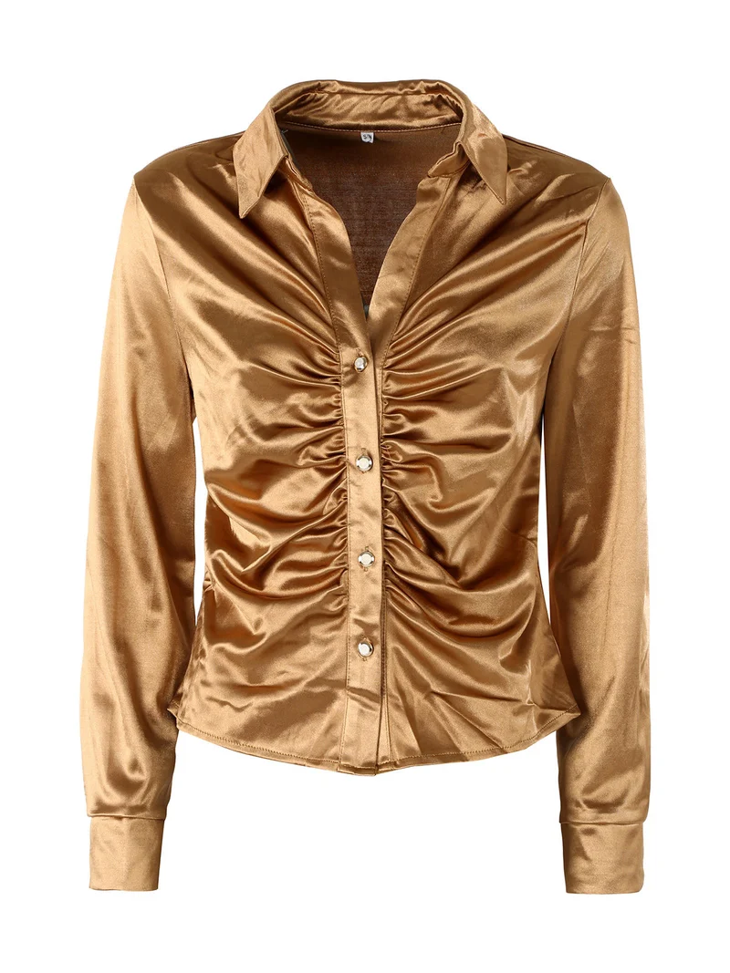 Camicia donna a maniche lunghe effetto raso - cammello