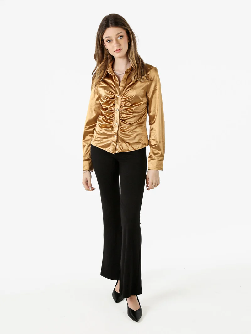 Camicia donna a maniche lunghe effetto raso - cammello