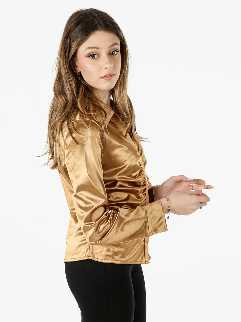 Camicia donna a maniche lunghe effetto raso - cammello