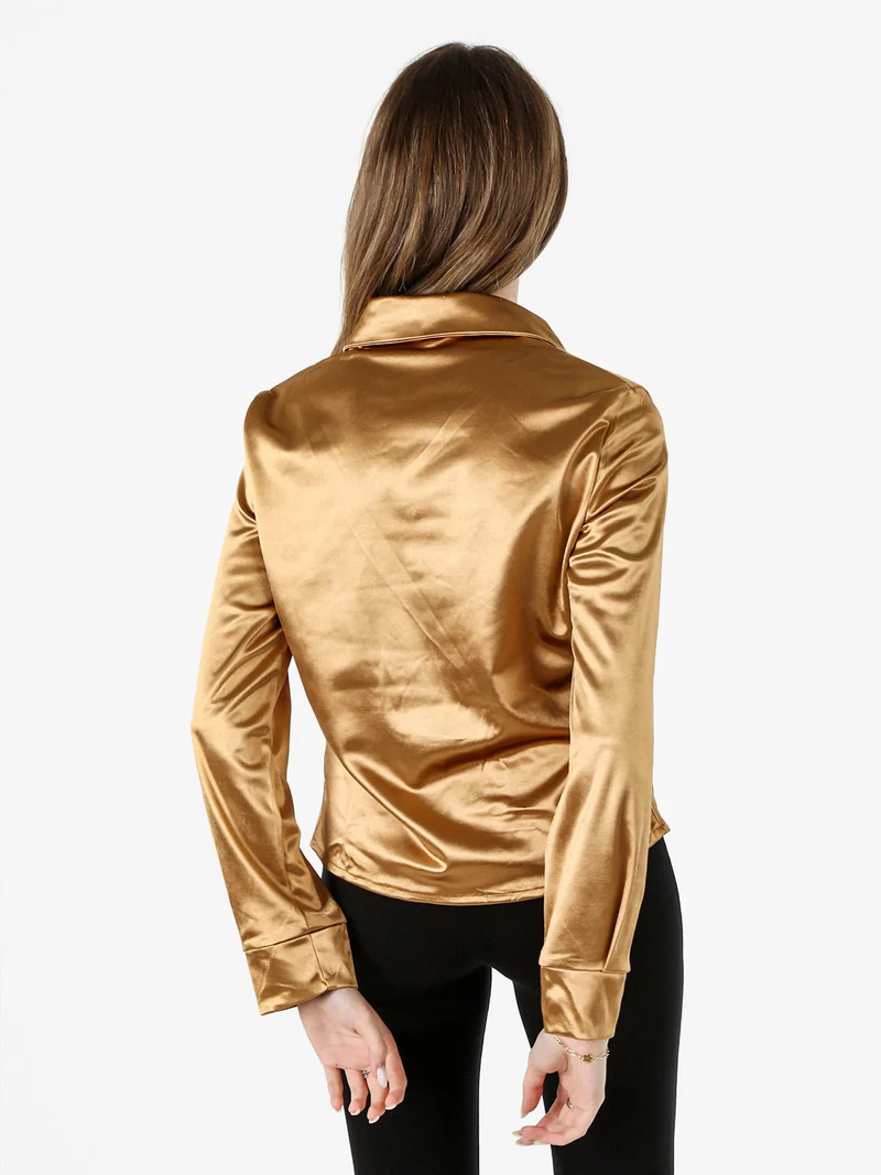 Camicia donna a maniche lunghe effetto raso - cammello