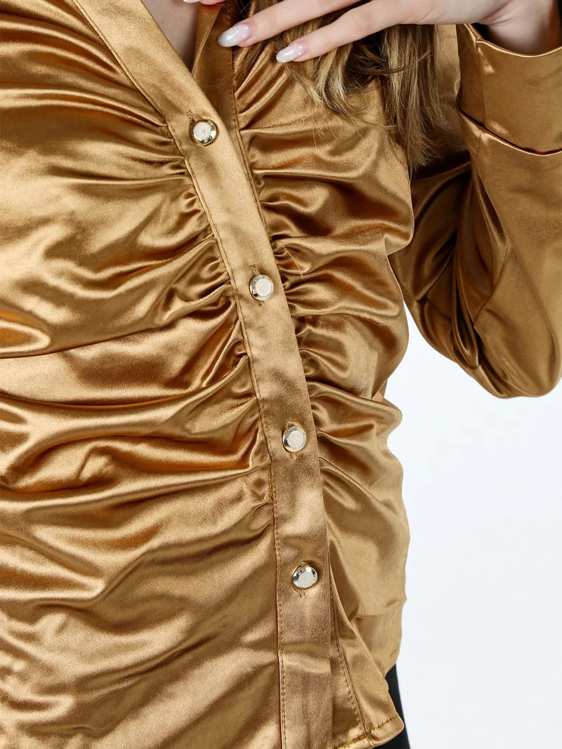 Camicia donna a maniche lunghe effetto raso - cammello