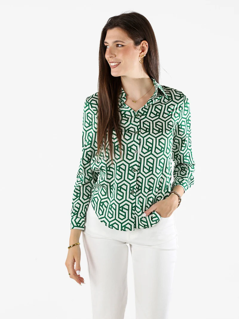 Camicia donna a maniche lunghe con stampe - verde