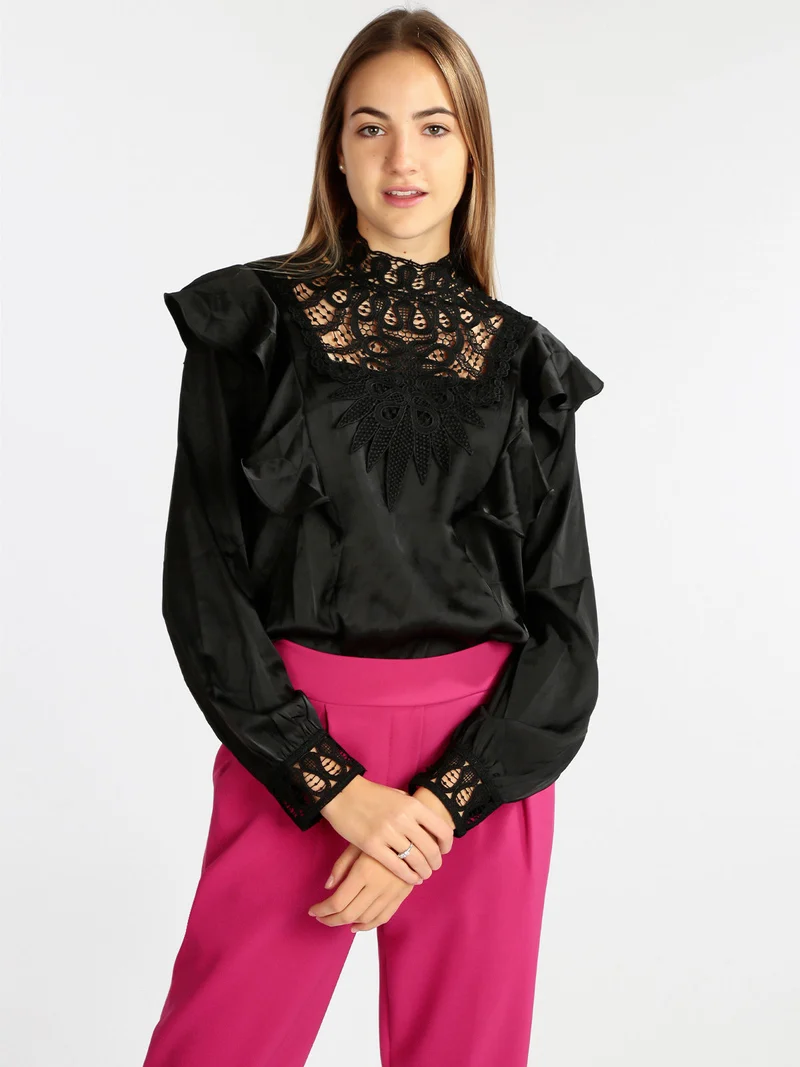 Blusa donna con inserti in macramè - nero