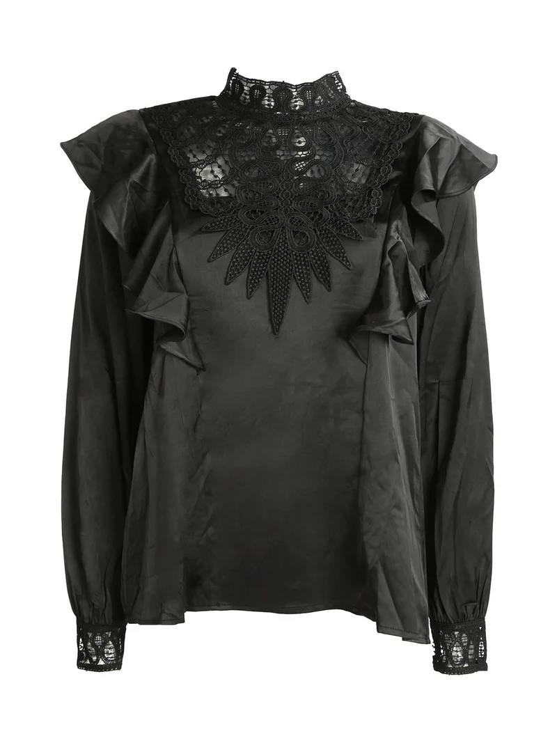 Blusa donna con inserti in macramè - nero