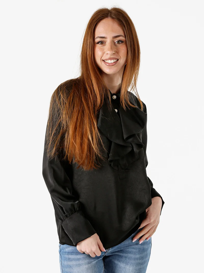 Blusa donna con bottoni di perle e volant sullo scollo - nero