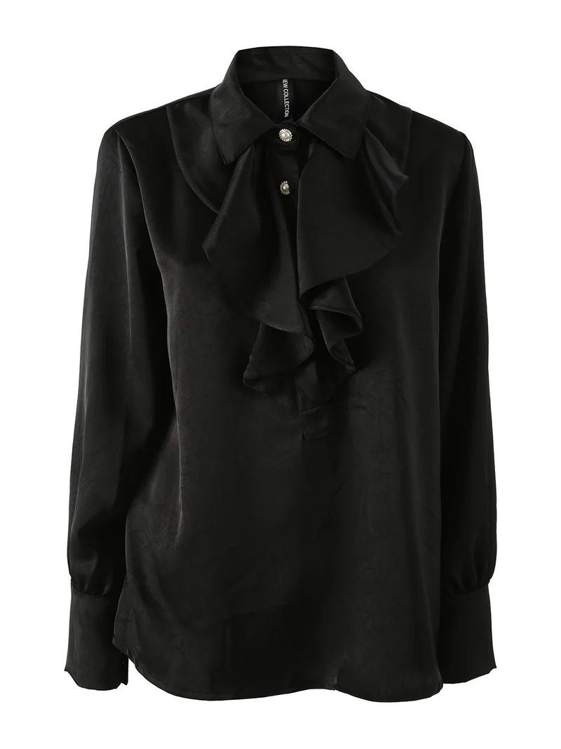Blusa donna con bottoni di perle e volant sullo scollo - nero